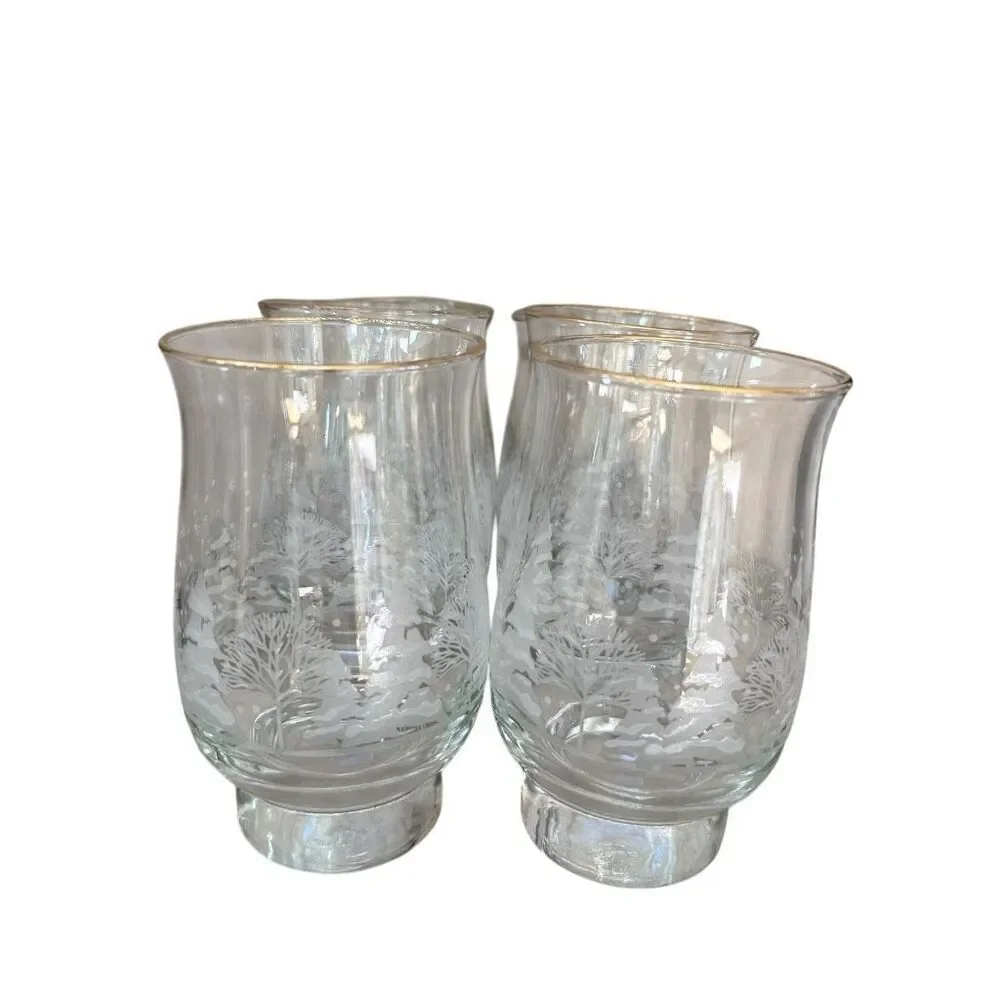 Vintage Set Of 6 Libbey Arby’s Clear Etched Snowy Forest Tumblers Gold Rim